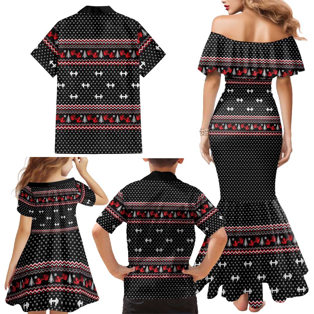 Bodybuilder Santa Christmas Family Matching Mermaid Dress and Hawaiian Shirt with Welcome to the North Swole Quote and Dumbbell - Wonder Print Shop