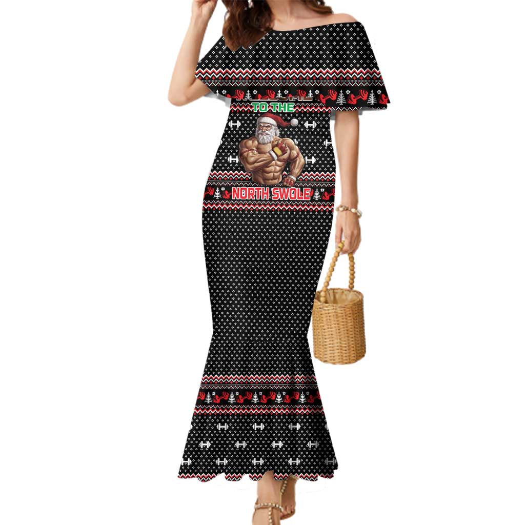 Bodybuilder Santa Christmas Family Matching Mermaid Dress and Hawaiian Shirt with Welcome to the North Swole Quote and Dumbbell - Wonder Print Shop