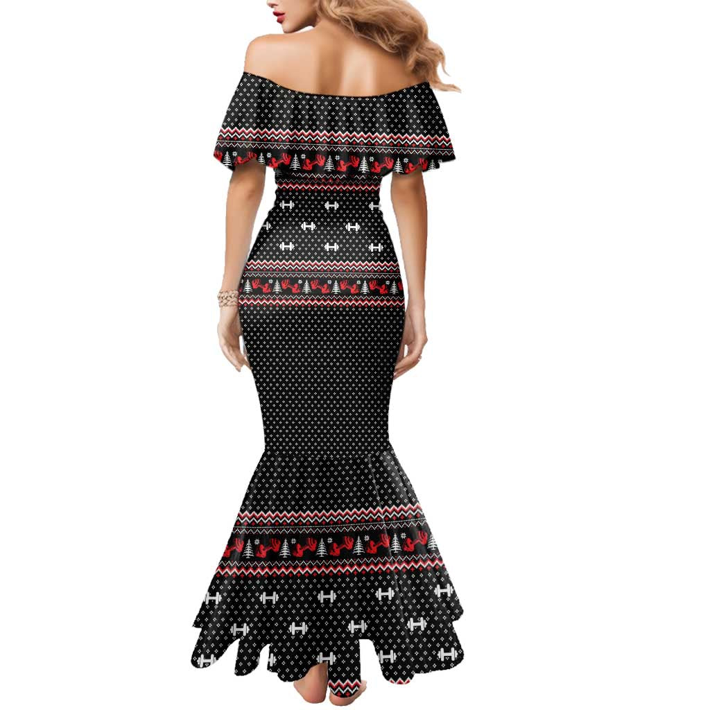 Bodybuilder Santa Christmas Family Matching Mermaid Dress and Hawaiian Shirt with Welcome to the North Swole Quote and Dumbbell - Wonder Print Shop