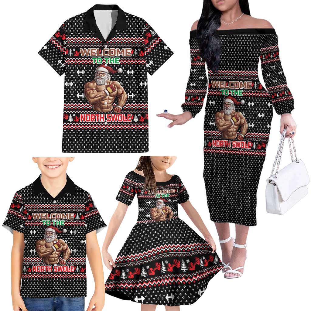 Bodybuilder Santa Christmas Family Matching Off The Shoulder Long Sleeve Dress and Hawaiian Shirt with Welcome to the North Swole Quote and Dumbbell - Wonder Print Shop