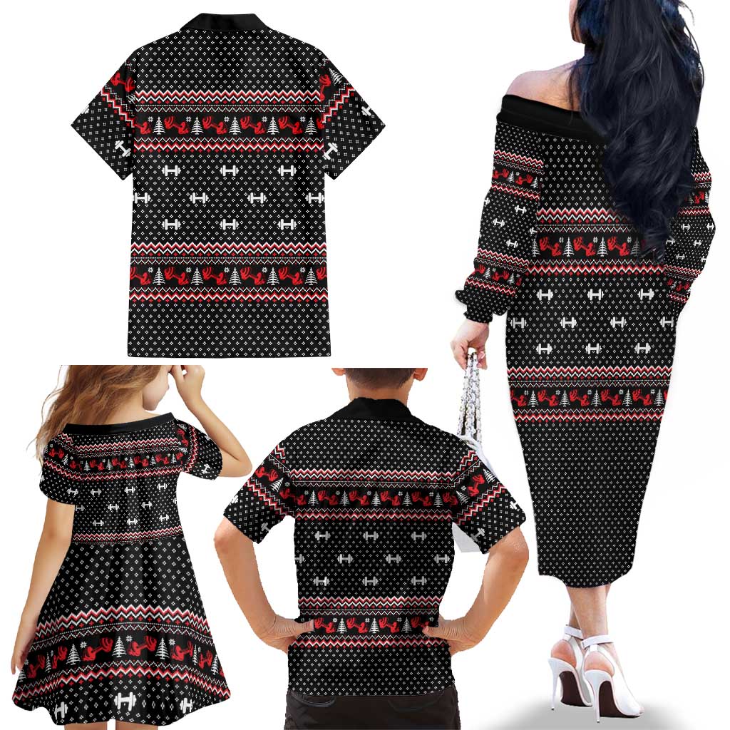 Bodybuilder Santa Christmas Family Matching Off The Shoulder Long Sleeve Dress and Hawaiian Shirt with Welcome to the North Swole Quote and Dumbbell - Wonder Print Shop