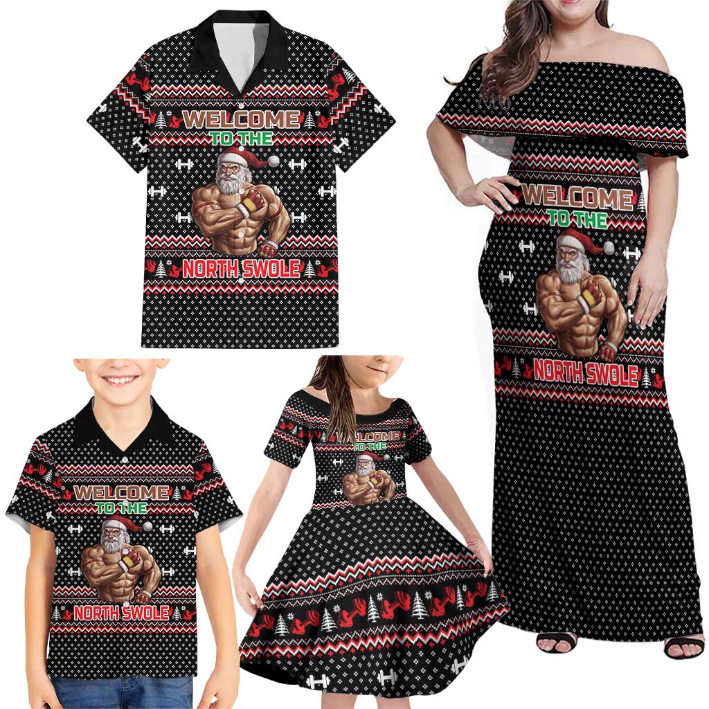 Bodybuilder Santa Christmas Family Matching Off Shoulder Maxi Dress and Hawaiian Shirt with Welcome to the North Swole Quote and Dumbbell - Wonder Print Shop