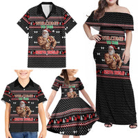 Bodybuilder Santa Christmas Family Matching Off Shoulder Maxi Dress and Hawaiian Shirt with Welcome to the North Swole Quote and Dumbbell - Wonder Print Shop