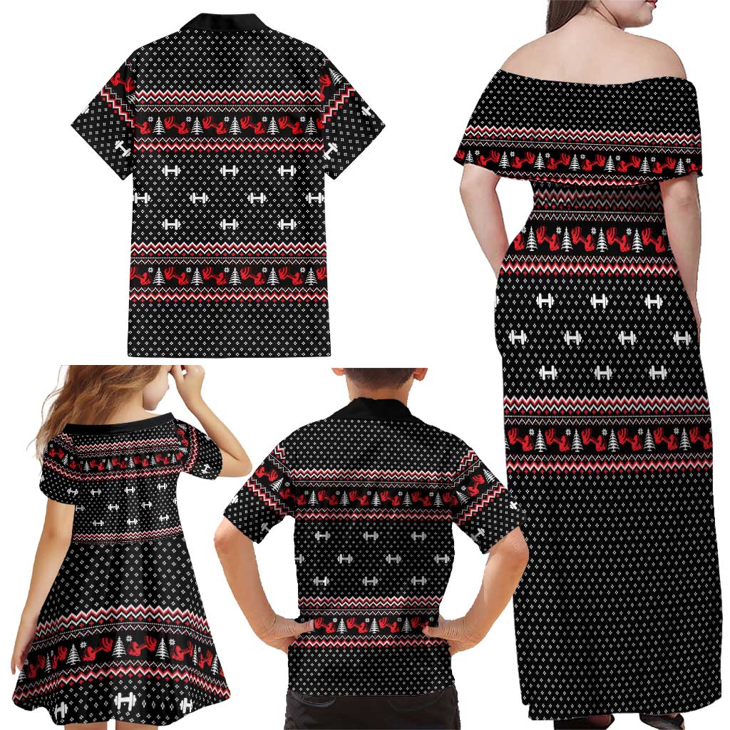 Bodybuilder Santa Christmas Family Matching Off Shoulder Maxi Dress and Hawaiian Shirt with Welcome to the North Swole Quote and Dumbbell - Wonder Print Shop