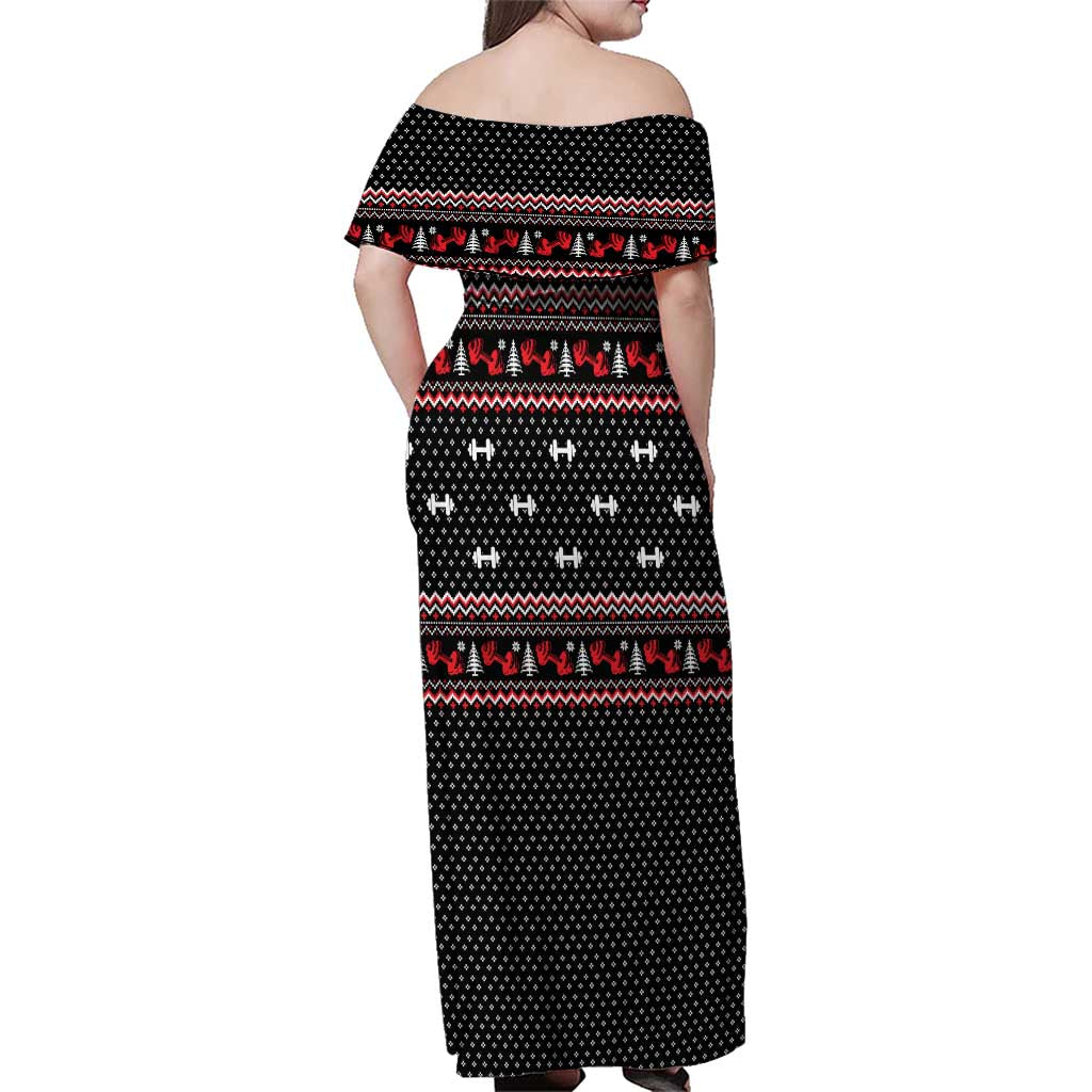 Bodybuilder Santa Christmas Family Matching Off Shoulder Maxi Dress and Hawaiian Shirt with Welcome to the North Swole Quote and Dumbbell - Wonder Print Shop