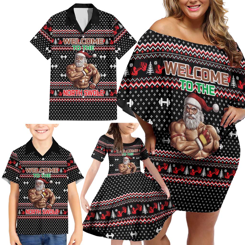 Bodybuilder Santa Christmas Family Matching Off Shoulder Short Dress and Hawaiian Shirt with Welcome to the North Swole Quote and Dumbbell - Wonder Print Shop
