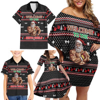Bodybuilder Santa Christmas Family Matching Off Shoulder Short Dress and Hawaiian Shirt with Welcome to the North Swole Quote and Dumbbell - Wonder Print Shop