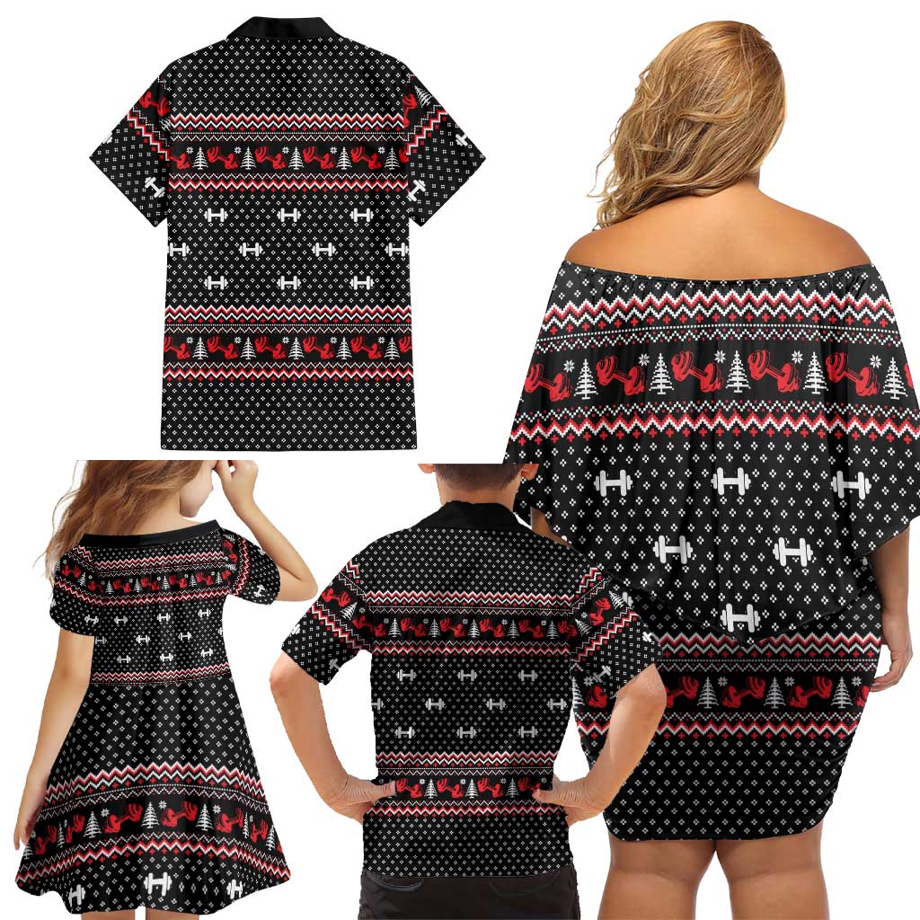 Bodybuilder Santa Christmas Family Matching Off Shoulder Short Dress and Hawaiian Shirt with Welcome to the North Swole Quote and Dumbbell - Wonder Print Shop