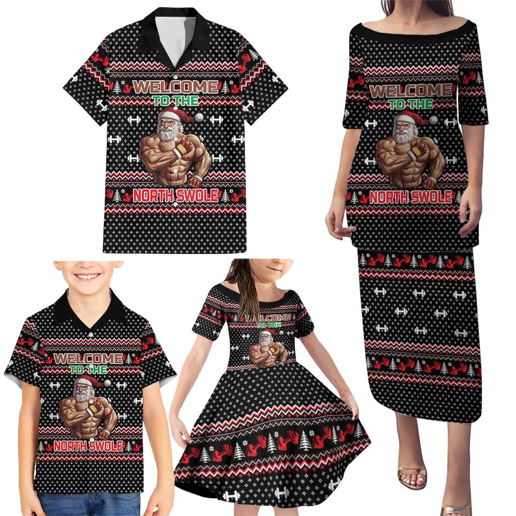 Bodybuilder Santa Christmas Family Matching Puletasi and Hawaiian Shirt with Welcome to the North Swole Quote and Dumbbell - Wonder Print Shop