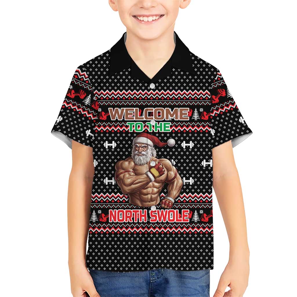 Bodybuilder Santa Christmas Family Matching Puletasi and Hawaiian Shirt with Welcome to the North Swole Quote and Dumbbell - Wonder Print Shop