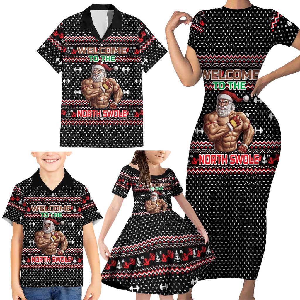 Bodybuilder Santa Christmas Family Matching Short Sleeve Bodycon Dress and Hawaiian Shirt with Welcome to the North Swole Quote and Dumbbell - Wonder Print Shop