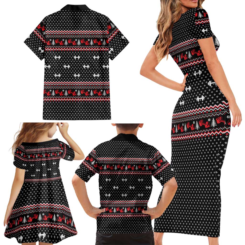 Bodybuilder Santa Christmas Family Matching Short Sleeve Bodycon Dress and Hawaiian Shirt with Welcome to the North Swole Quote and Dumbbell - Wonder Print Shop