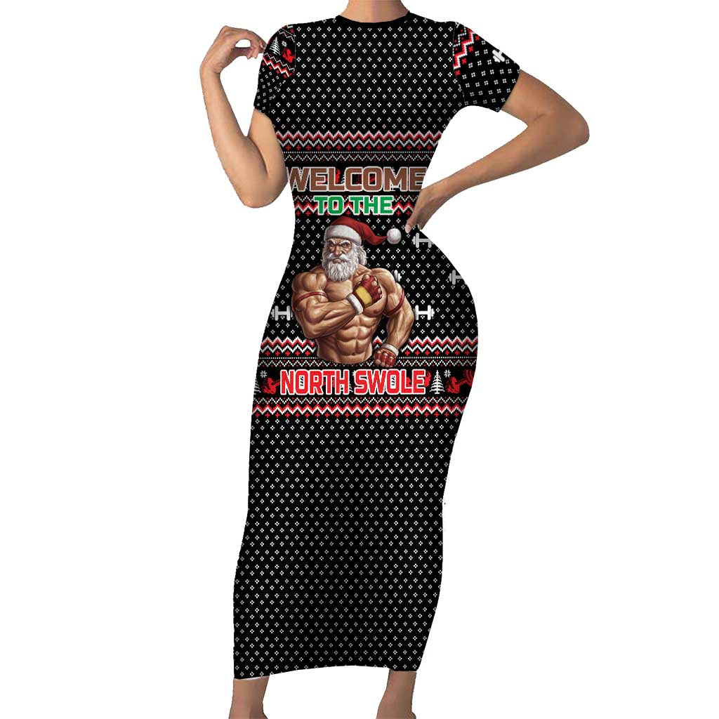 Bodybuilder Santa Christmas Family Matching Short Sleeve Bodycon Dress and Hawaiian Shirt with Welcome to the North Swole Quote and Dumbbell - Wonder Print Shop
