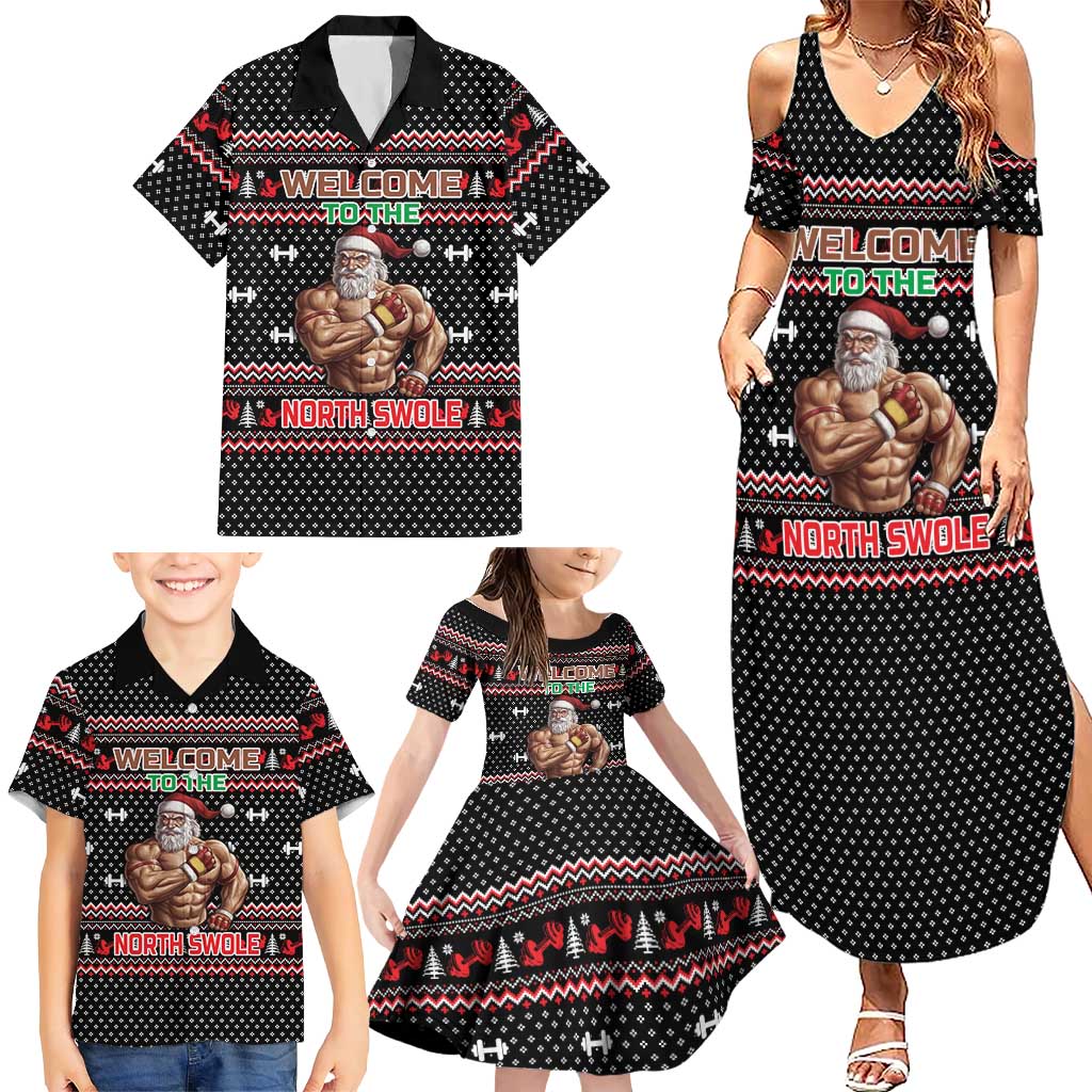 Bodybuilder Santa Christmas Family Matching Summer Maxi Dress and Hawaiian Shirt with Welcome to the North Swole Quote and Dumbbell - Wonder Print Shop