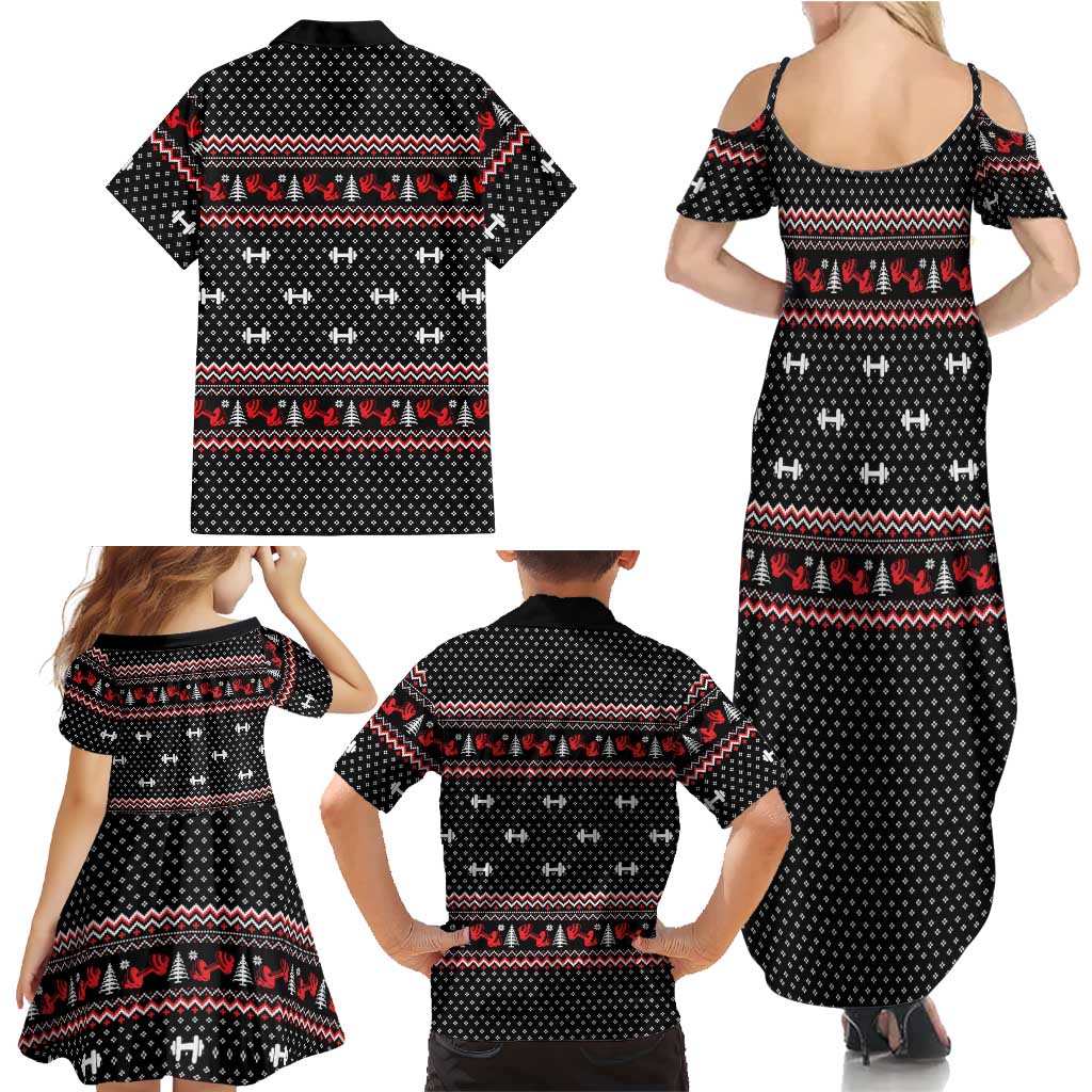 Bodybuilder Santa Christmas Family Matching Summer Maxi Dress and Hawaiian Shirt with Welcome to the North Swole Quote and Dumbbell - Wonder Print Shop