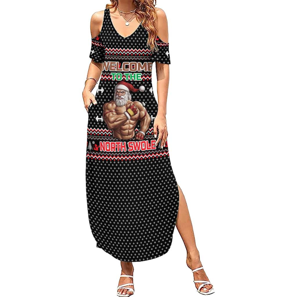 Bodybuilder Santa Christmas Family Matching Summer Maxi Dress and Hawaiian Shirt with Welcome to the North Swole Quote and Dumbbell - Wonder Print Shop