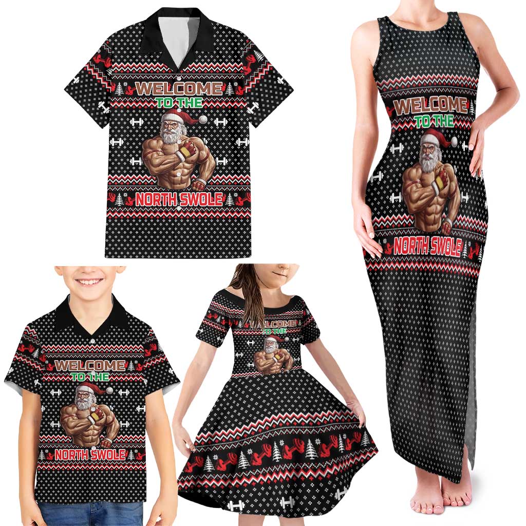 Bodybuilder Santa Christmas Family Matching Tank Maxi Dress and Hawaiian Shirt with Welcome to the North Swole Quote and Dumbbell - Wonder Print Shop
