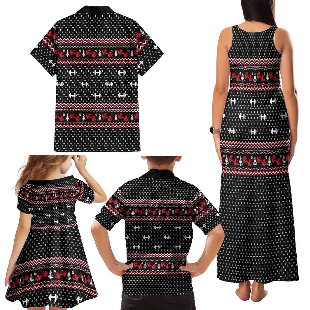 Bodybuilder Santa Christmas Family Matching Tank Maxi Dress and Hawaiian Shirt with Welcome to the North Swole Quote and Dumbbell - Wonder Print Shop