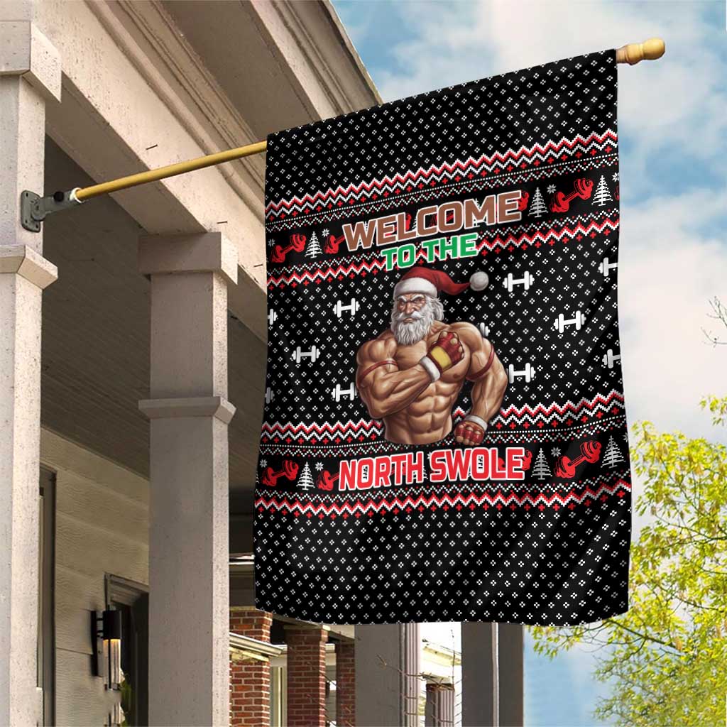 Bodybuilder Santa Christmas Garden Flag with Welcome to the North Swole Quote and Dumbbell - Wonder Print Shop
