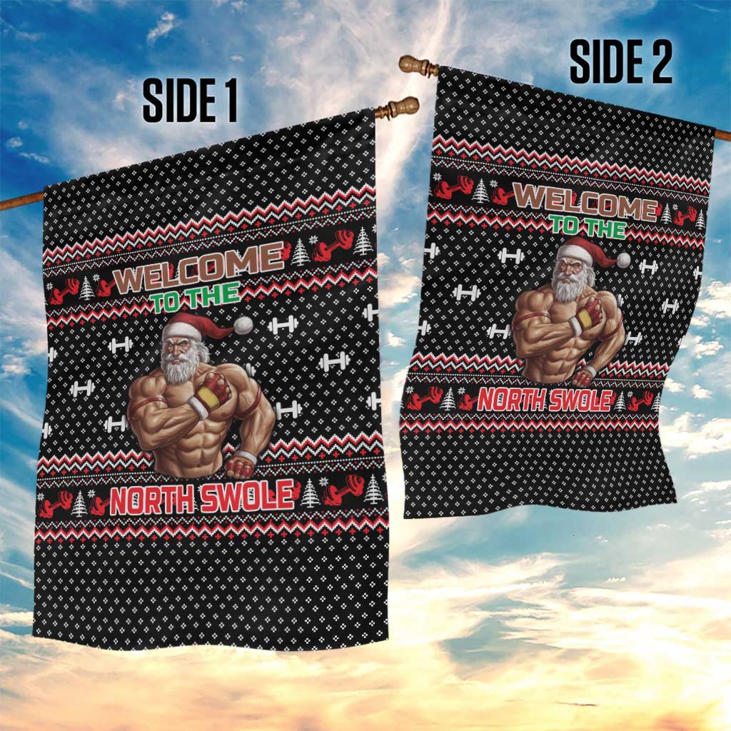 Bodybuilder Santa Christmas Garden Flag with Welcome to the North Swole Quote and Dumbbell - Wonder Print Shop
