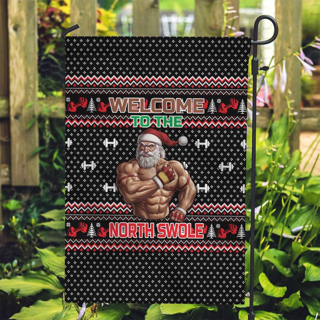 Bodybuilder Santa Christmas Garden Flag with Welcome to the North Swole Quote and Dumbbell - Wonder Print Shop