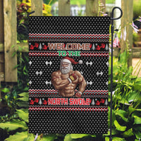 Bodybuilder Santa Christmas Garden Flag with Welcome to the North Swole Quote and Dumbbell - Wonder Print Shop