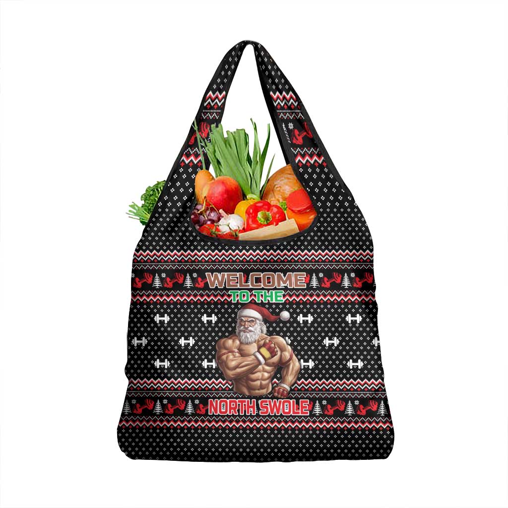 Bodybuilder Santa Christmas Grocery Bag with Welcome to the North Swole Quote and Dumbbell - Wonder Print Shop