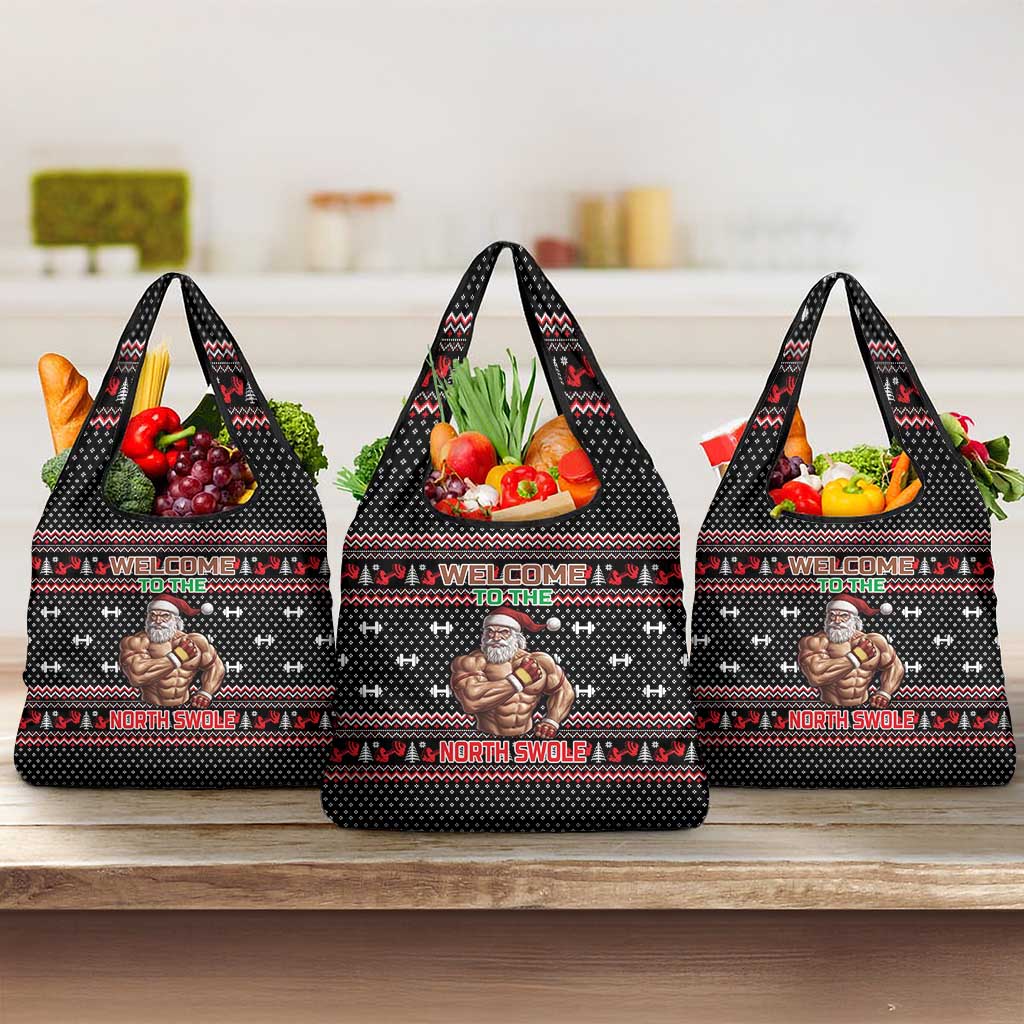 Bodybuilder Santa Christmas Grocery Bag with Welcome to the North Swole Quote and Dumbbell - Wonder Print Shop