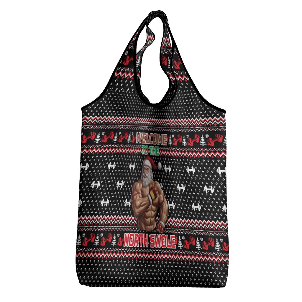 Bodybuilder Santa Christmas Grocery Bag with Welcome to the North Swole Quote and Dumbbell - Wonder Print Shop