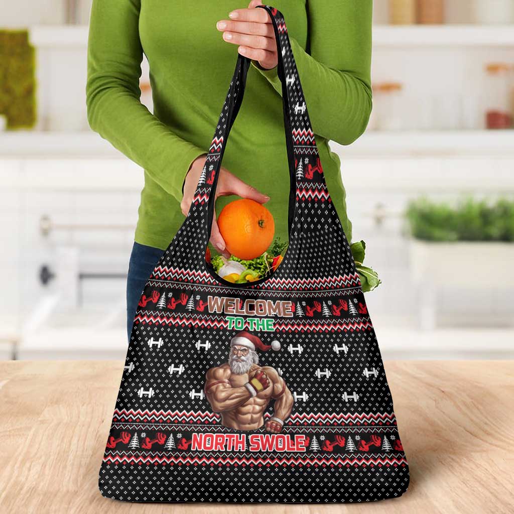 Bodybuilder Santa Christmas Grocery Bag with Welcome to the North Swole Quote and Dumbbell - Wonder Print Shop
