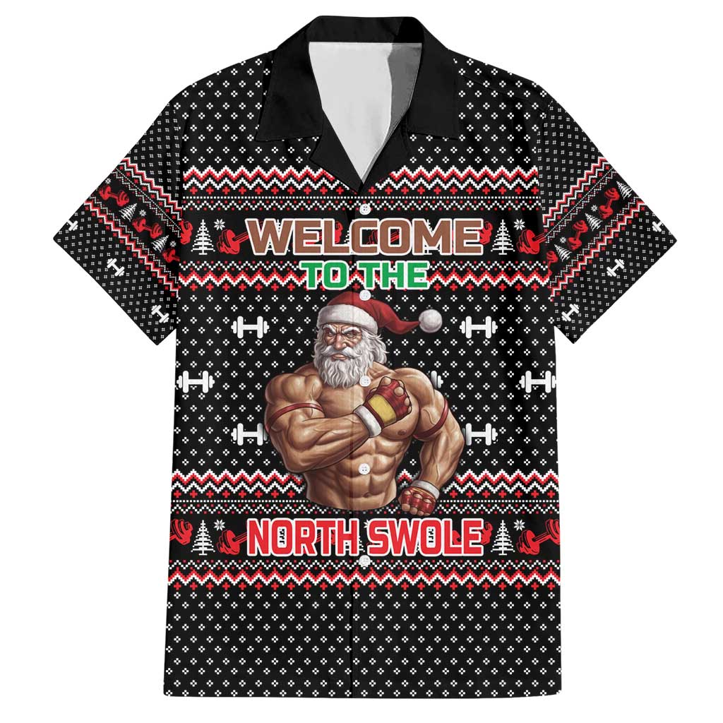 Bodybuilder Santa Christmas Hawaiian Shirt with Welcome to the North Swole Quote and Dumbbell - Wonder Print Shop