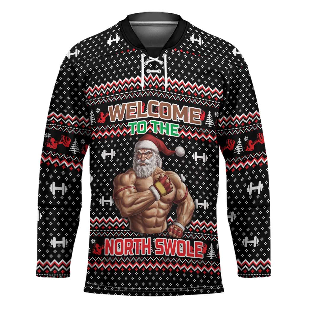 Bodybuilder Santa Christmas Hockey Jersey with Welcome to the North Swole Quote and Dumbbell - Wonder Print Shop