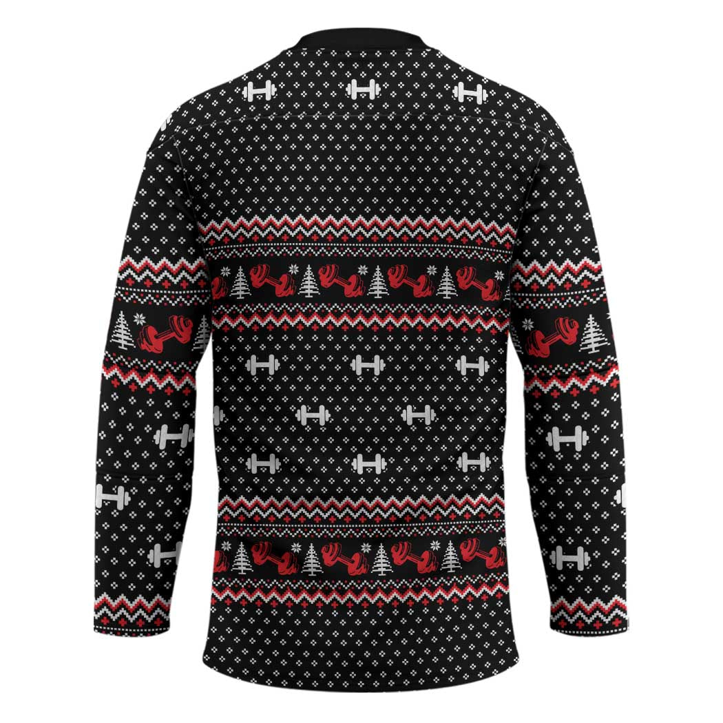 Bodybuilder Santa Christmas Hockey Jersey with Welcome to the North Swole Quote and Dumbbell - Wonder Print Shop