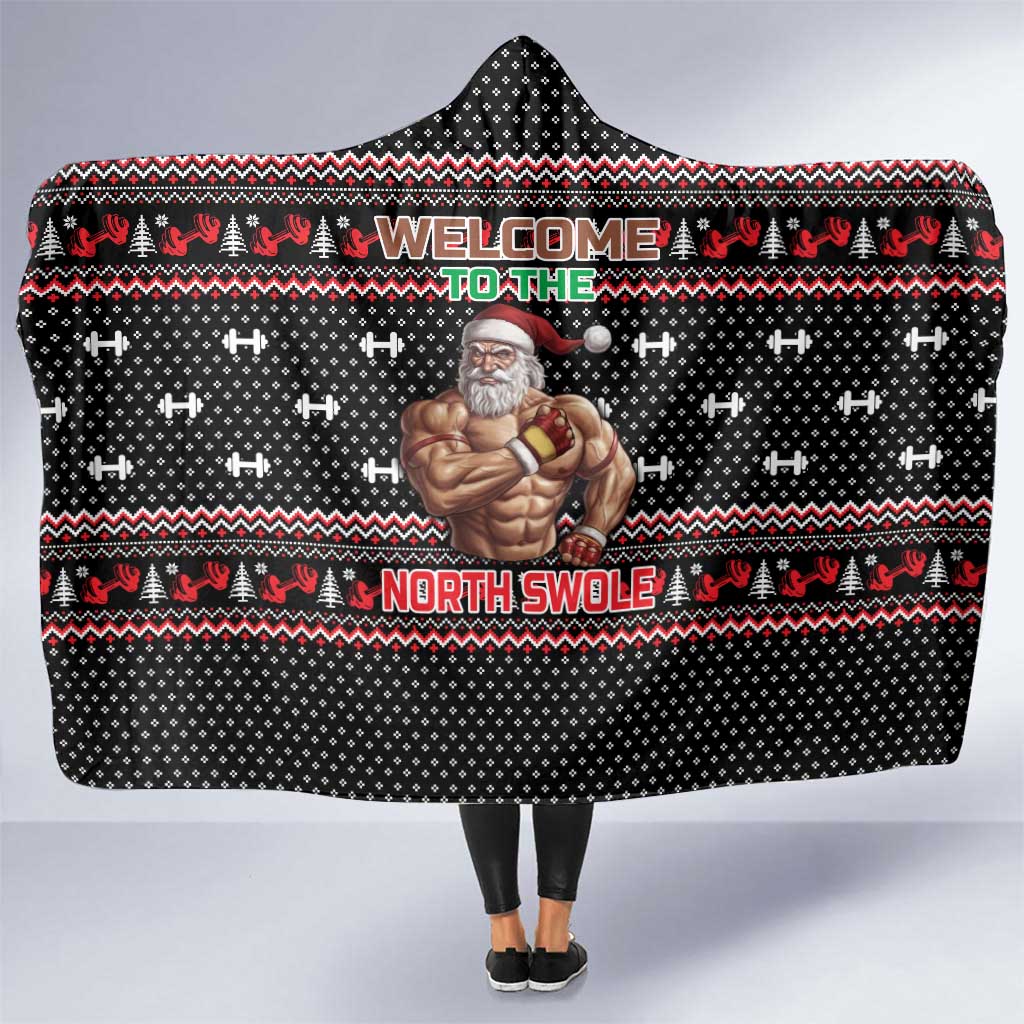 Bodybuilder Santa Christmas Hooded Blanket with Welcome to the North Swole Quote and Dumbbell - Wonder Print Shop
