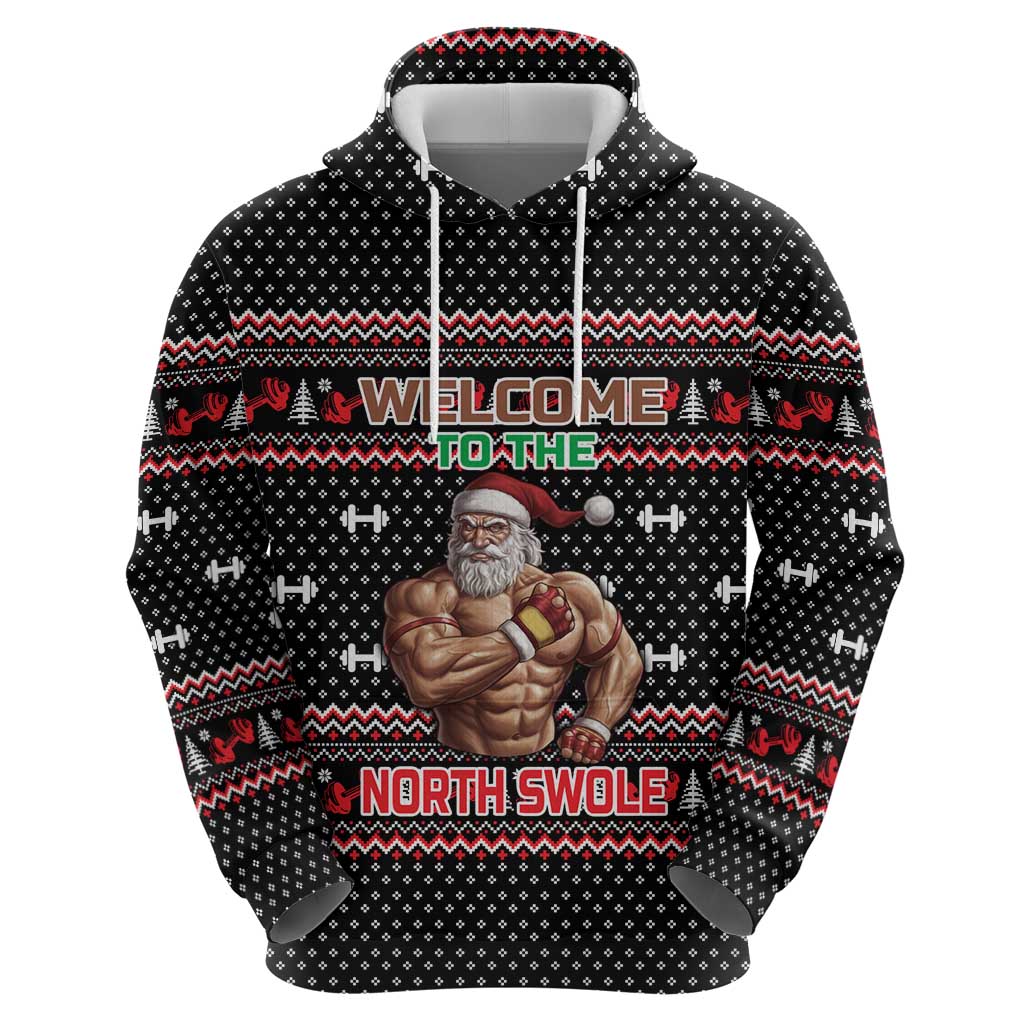 Bodybuilder Santa Christmas Hoodie with Welcome to the North Swole Quote and Dumbbell - Wonder Print Shop