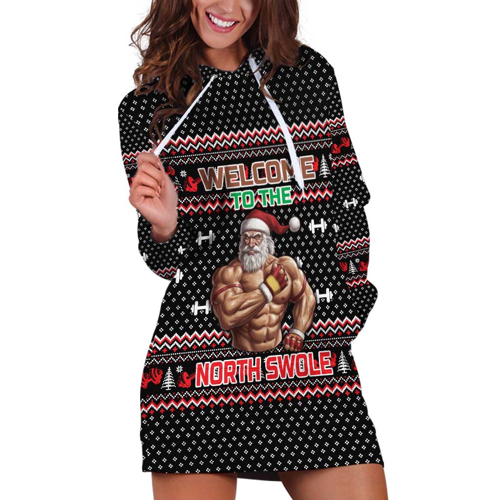 Bodybuilder Santa Christmas Hoodie Dress with Welcome to the North Swole Quote and Dumbbell - Wonder Print Shop