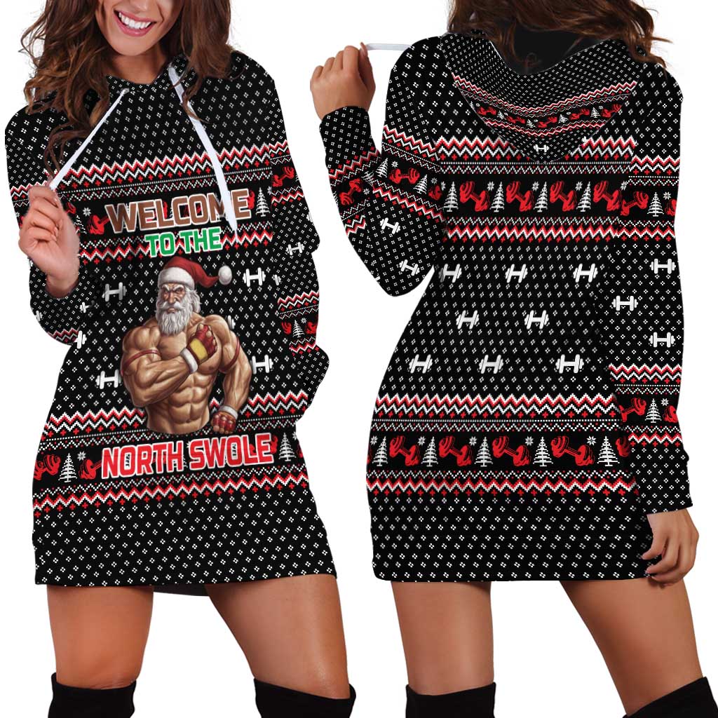 Bodybuilder Santa Christmas Hoodie Dress with Welcome to the North Swole Quote and Dumbbell - Wonder Print Shop