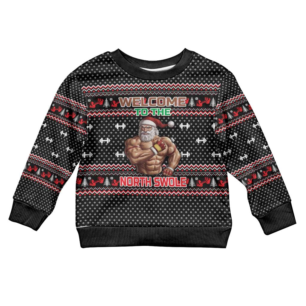 Bodybuilder Santa Christmas Kid Ugly Christmas Sweater with Welcome to the North Swole Quote and Dumbbell - Wonder Print Shop