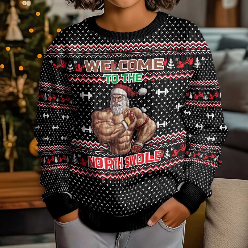 Bodybuilder Santa Christmas Kid Ugly Christmas Sweater with Welcome to the North Swole Quote and Dumbbell - Wonder Print Shop