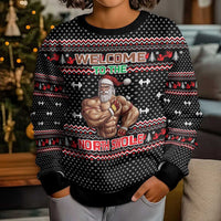 Bodybuilder Santa Christmas Kid Ugly Christmas Sweater with Welcome to the North Swole Quote and Dumbbell - Wonder Print Shop