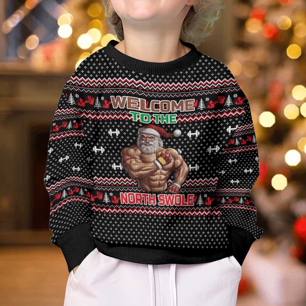 Bodybuilder Santa Christmas Kid Ugly Christmas Sweater with Welcome to the North Swole Quote and Dumbbell - Wonder Print Shop