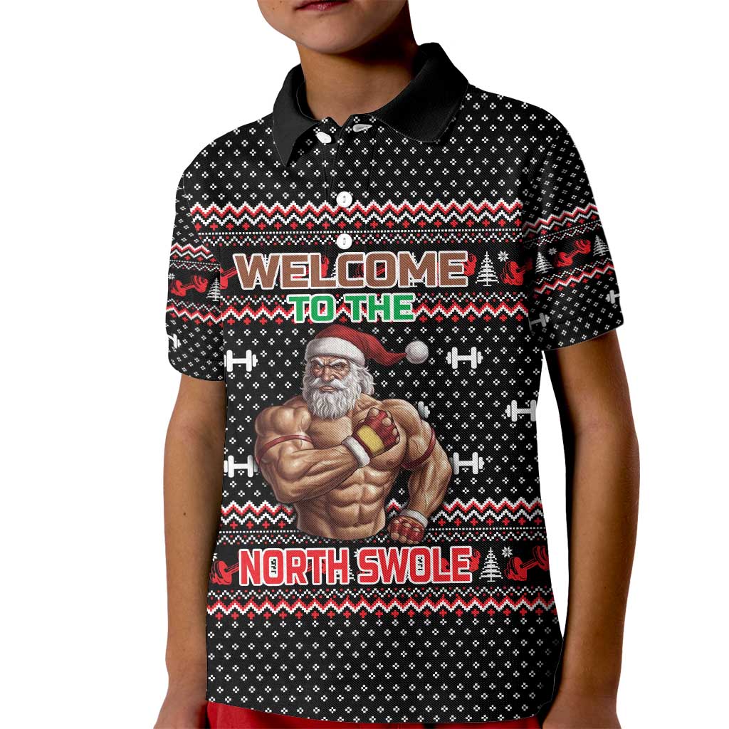 Bodybuilder Santa Christmas Kid Polo Shirt with Welcome to the North Swole Quote and Dumbbell - Wonder Print Shop