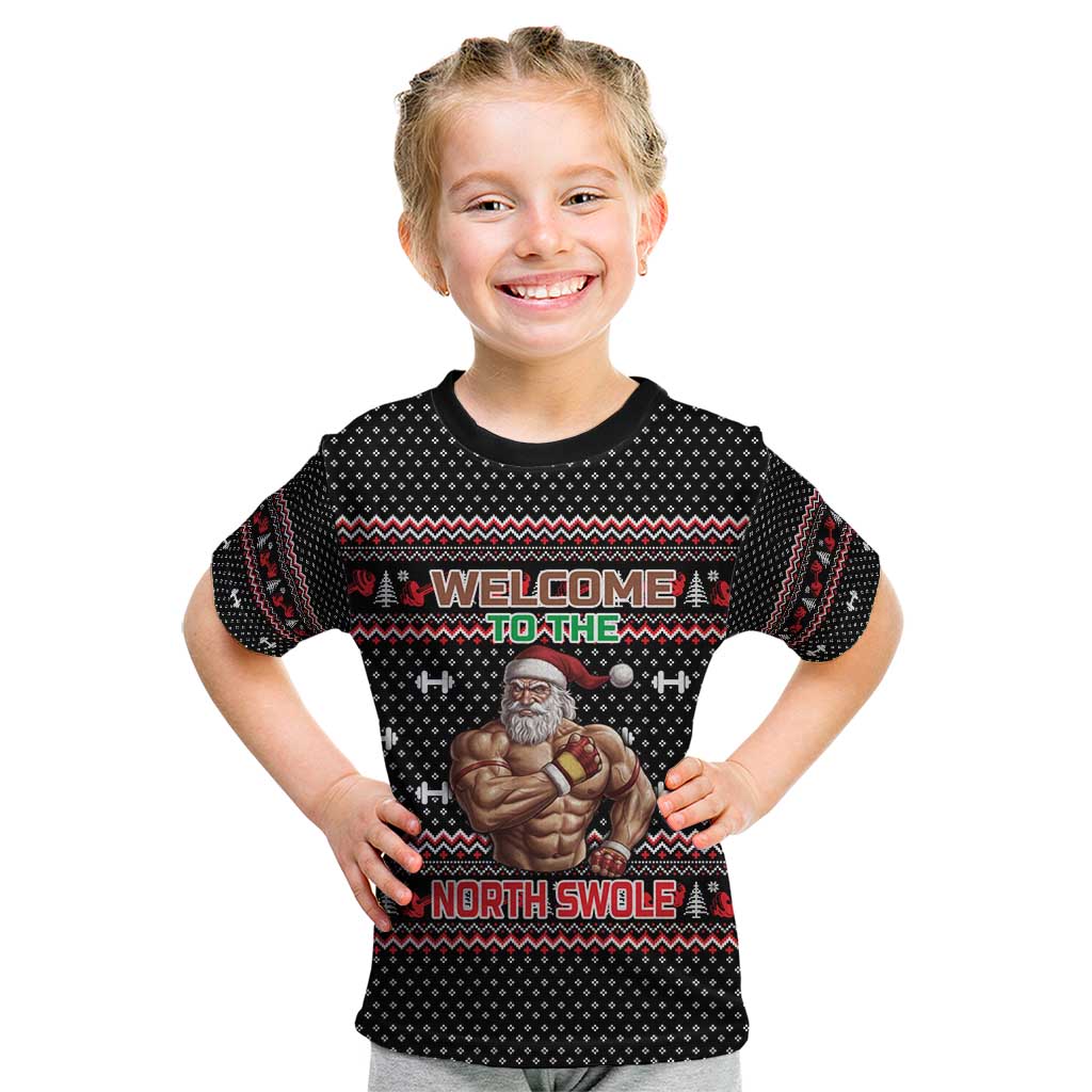 Bodybuilder Santa Christmas Kid T Shirt with Welcome to the North Swole Quote and Dumbbell - Wonder Print Shop