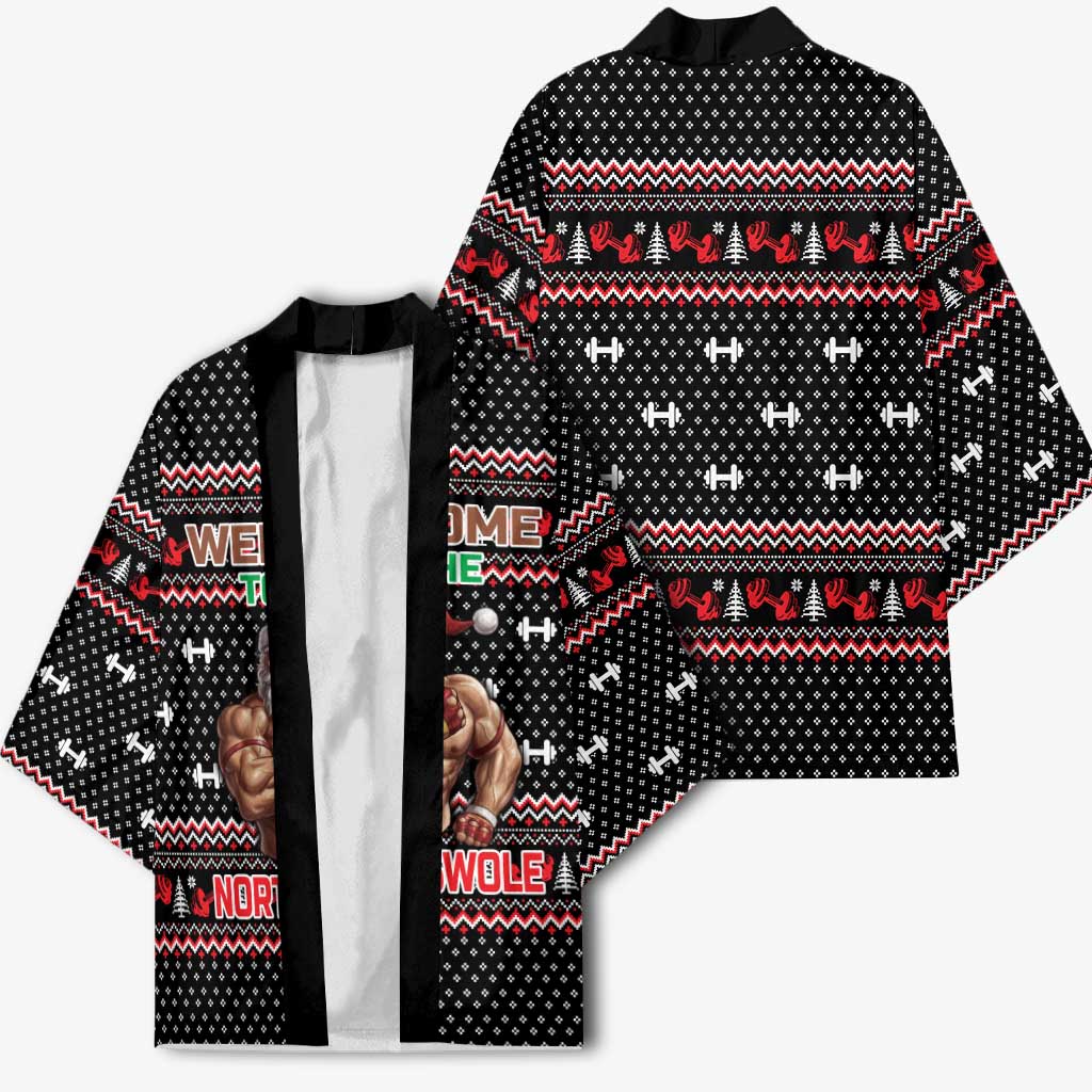 Bodybuilder Santa Christmas Kimono with Welcome to the North Swole Quote and Dumbbell - Wonder Print Shop