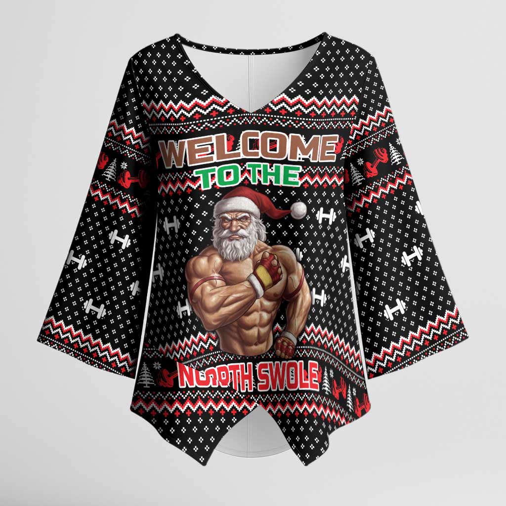 Bodybuilder Santa Christmas Kimono Sleeve Blouse with Welcome to the North Swole Quote and Dumbbell - Wonder Print Shop