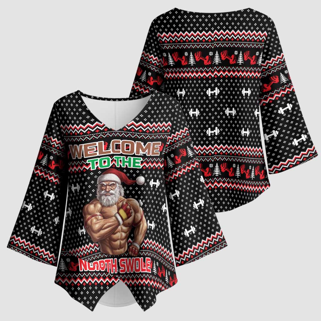 Bodybuilder Santa Christmas Kimono Sleeve Blouse with Welcome to the North Swole Quote and Dumbbell - Wonder Print Shop