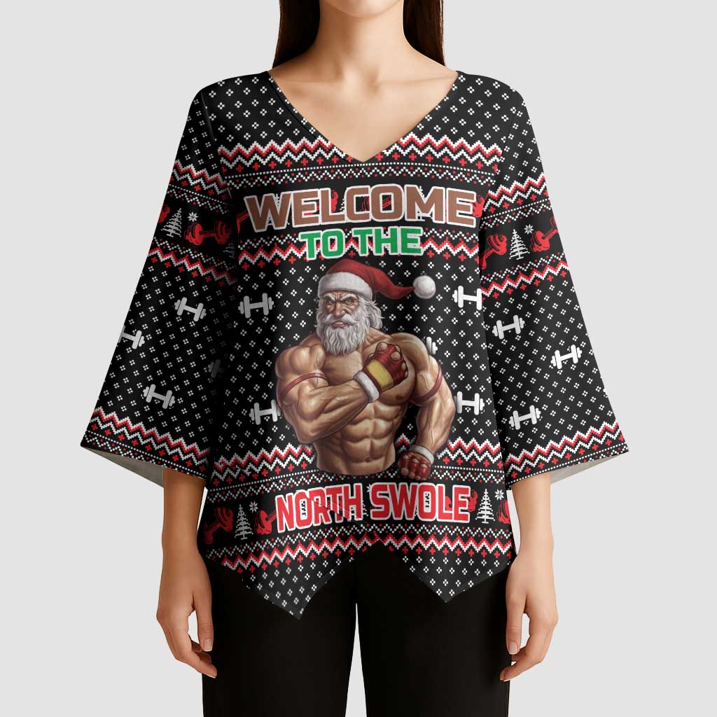 Bodybuilder Santa Christmas Kimono Sleeve Blouse with Welcome to the North Swole Quote and Dumbbell - Wonder Print Shop