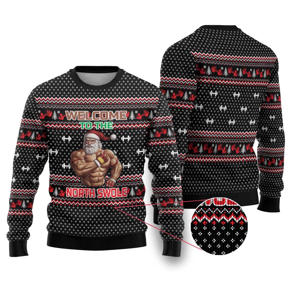 Bodybuilder Santa Christmas Ugly Christmas Sweater with Welcome to the North Swole Quote and Dumbbell - Wonder Print Shop