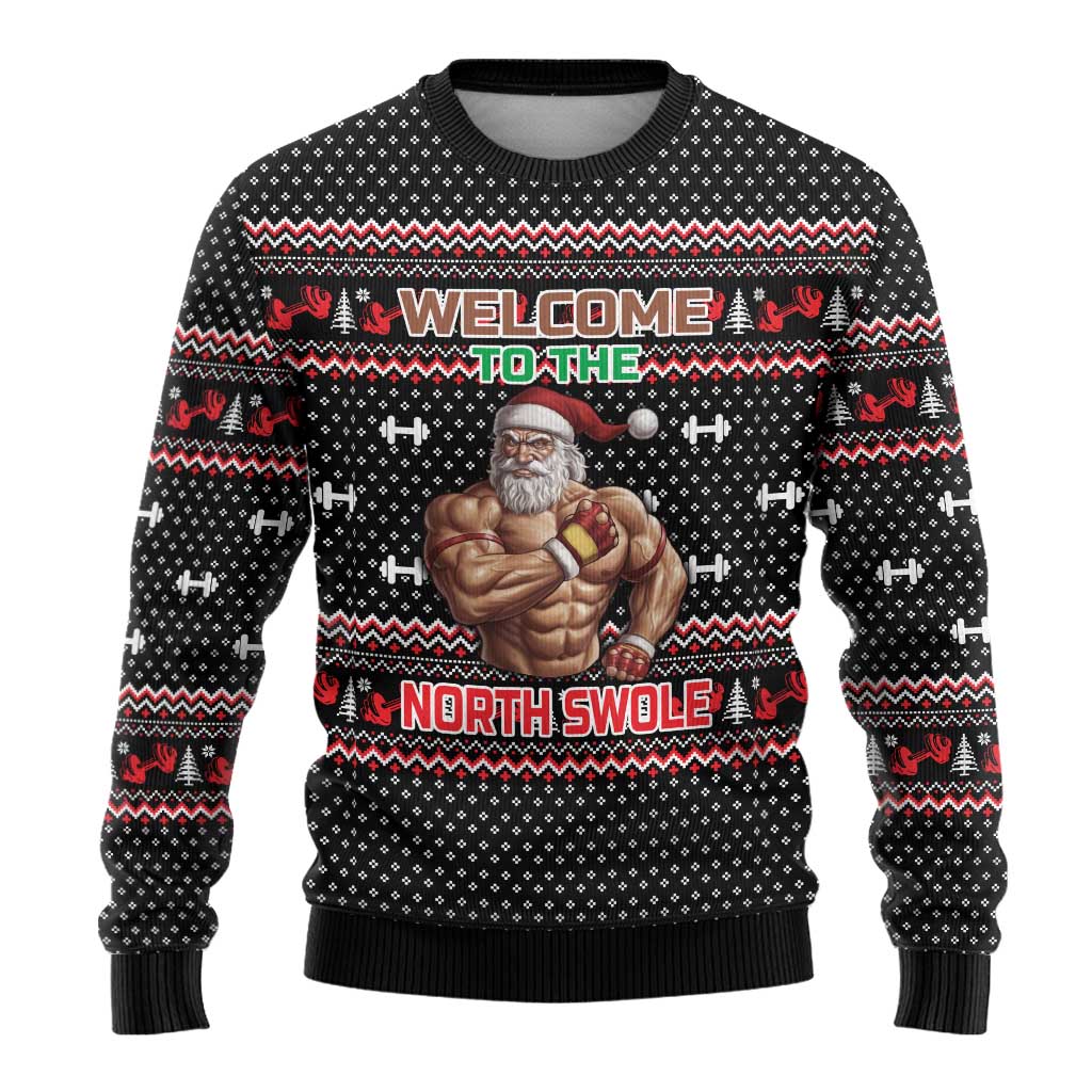 Bodybuilder Santa Christmas Ugly Christmas Sweater with Welcome to the North Swole Quote and Dumbbell - Wonder Print Shop
