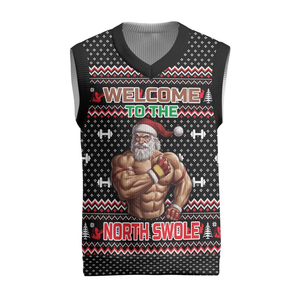Bodybuilder Santa Christmas Knitted V-Neck Vest with Welcome to the North Swole Quote and Dumbbell - Wonder Print Shop